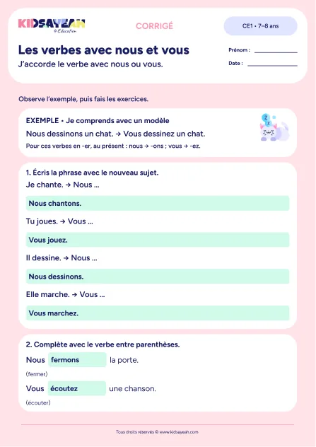 Écrire les verbes en er avec nous et vous au CE1 — corrigé de la fiche