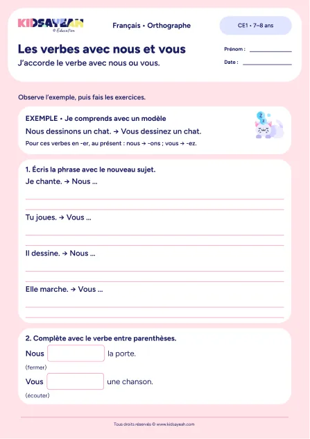 Écrire les verbes en er avec nous et vous au CE1 — exercices à imprimer