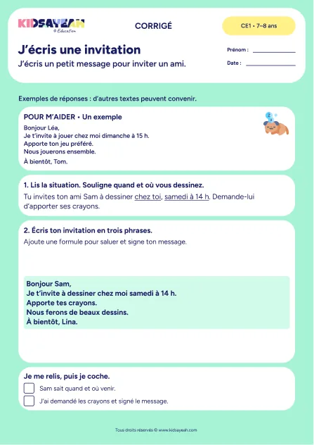 Écrire une invitation à dessiner avec Sam au CE1 — exemples corrigés