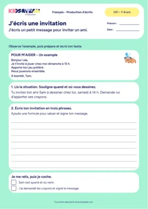 Écrire une invitation à dessiner avec Sam au CE1 — fiche de production d’écrits à imprimer