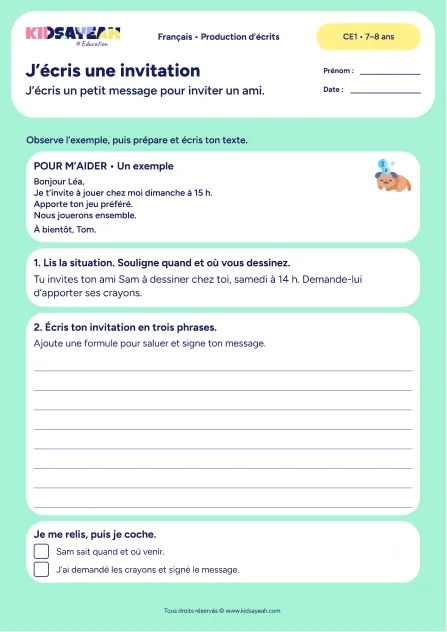 Écrire une invitation à dessiner avec Sam au CE1 — fiche de production d’écrits à imprimer
