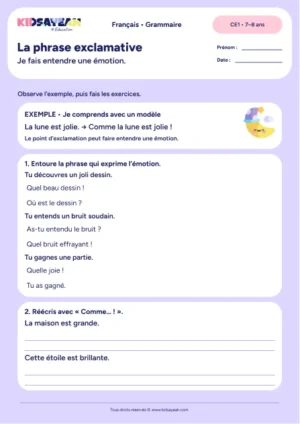 Exprimer une émotion dans une phrase exclamative au CE1 — fiche de grammaire CE1 à imprimer