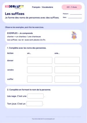 Former danseur vendeur coiffeur et leurs féminins avec les suffixes au CE1 — fiche à imprimer
