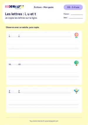 lettres i u t cursive GS — aperçu de la fiche Les lettres : i, u et t