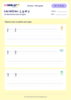 lettres j g y cursive GS — aperçu de la fiche Les lettres : j, g et y