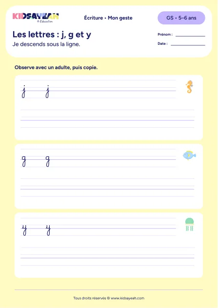 lettres j g y cursive GS — aperçu de la fiche Les lettres : j, g et y