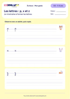 lettres p x z cursive GS — aperçu de la fiche Les lettres : p, x et z