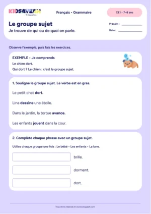 Identifier et compléter le groupe sujet au CE1 — fiche de grammaire CE1 à imprimer