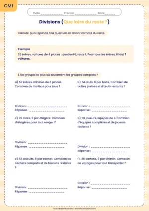 Interpréter le reste dans un problème de division au CM1 : fiche Que faire du reste ?