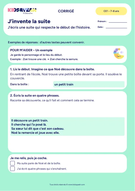 Inventer la suite de la boîte trouvée par Noé au CE1 — exemples corrigés