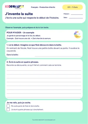 Inventer la suite de la boîte trouvée par Noé au CE1 — fiche de production d’écrits à imprimer