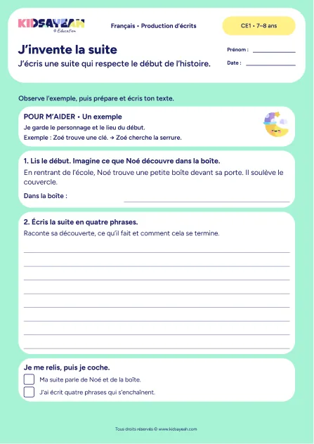 Inventer la suite de la boîte trouvée par Noé au CE1 — fiche de production d’écrits à imprimer