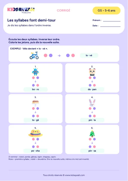 Inverser deux syllabes avec des jetons de couleur en GS — corrigé