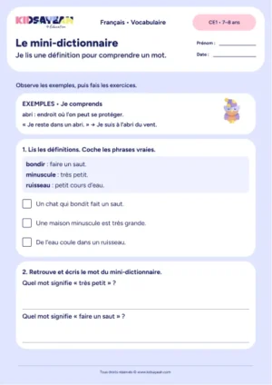 Lire les définitions de bondir minuscule et ruisseau au CE1 — fiche à imprimer