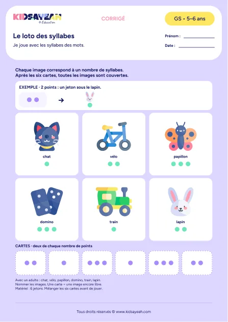 Loto des syllabes avec cartes de points à imprimer en GS — corrigé