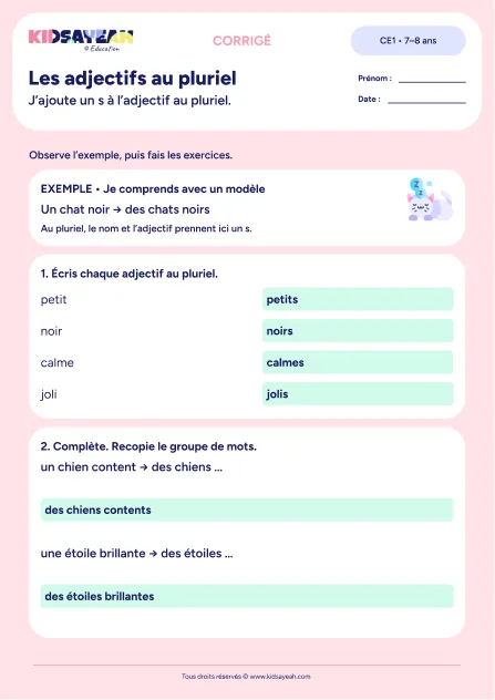 Mettre les adjectifs au pluriel avec s au CE1 — corrigé de la fiche