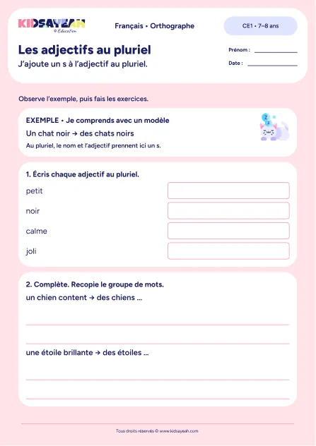 Mettre les adjectifs au pluriel avec s au CE1 — exercices à imprimer