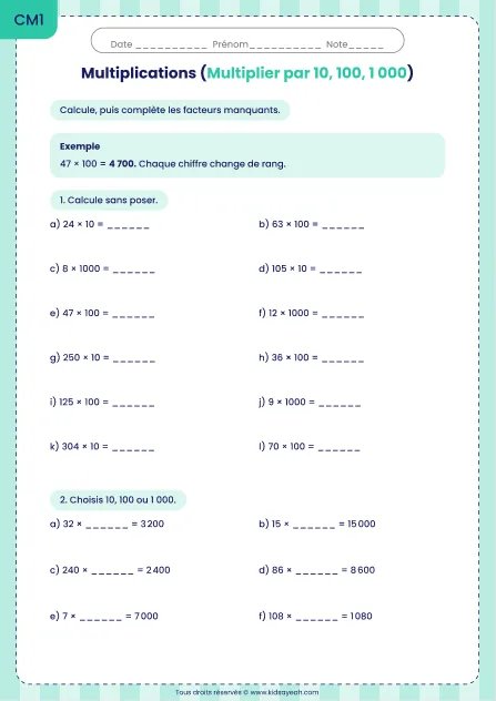 Multiplier des nombres entiers par 10, 100 et 1 000 au CM1 : fiche Multiplier par 10, 100, 1 000