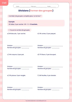 Trouver le nombre de groupes complets par division au CM1 : fiche Former des groupes