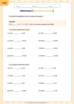 Retrouver un nombre manquant dans un calcul décimal au CM1 : fiche Nombres cachés