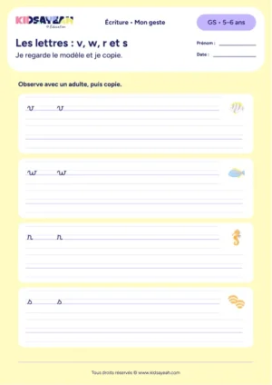 lettres v w r s cursive GS — aperçu de la fiche Les lettres : v, w, r et s