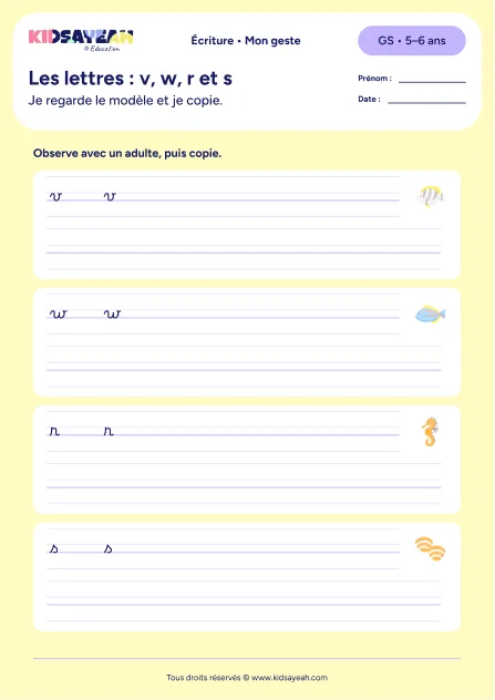 lettres v w r s cursive GS — aperçu de la fiche Les lettres : v, w, r et s