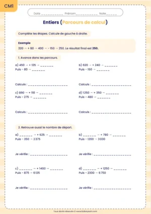 Compléter un parcours d’addition et soustraction au CM1 : fiche Parcours de calcul