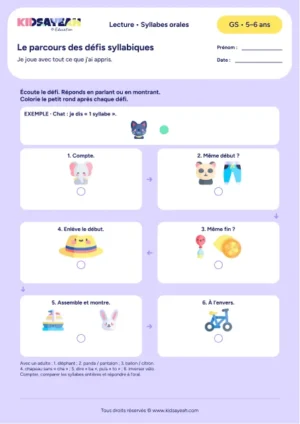 Parcours de six défis syllabiques à l’oral en GS — fiche à imprimer