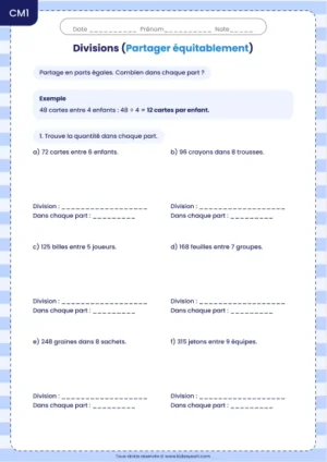 Partager en parts égales et calculer chaque part au CM1 : fiche Partager équitablement