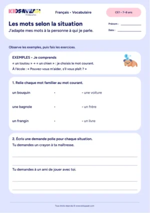 Passer des mots familiers aux mots courants et formuler une demande polie au CE1 — fiche à imprimer