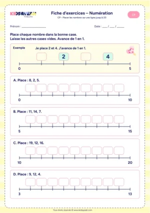 Fiche : placer nombres ligne graduée jusqu’à 20 CP