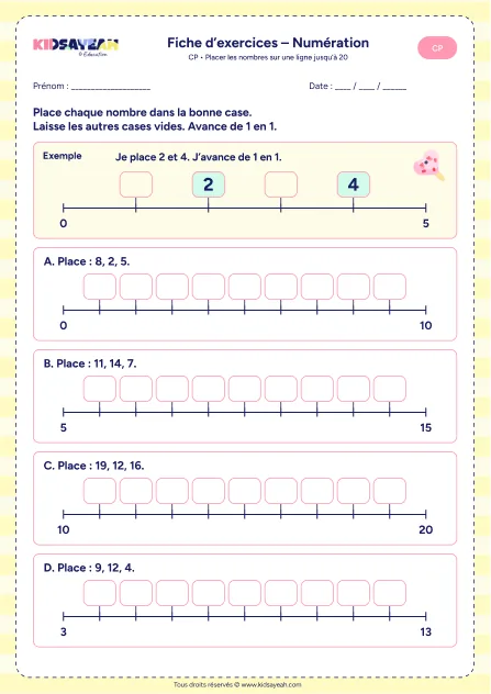 Fiche : placer nombres ligne graduée jusqu’à 20 CP