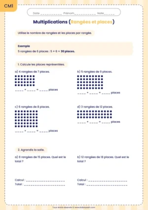 Calculer des places en rangées avec une multiplication au CM1 : fiche Rangées et places