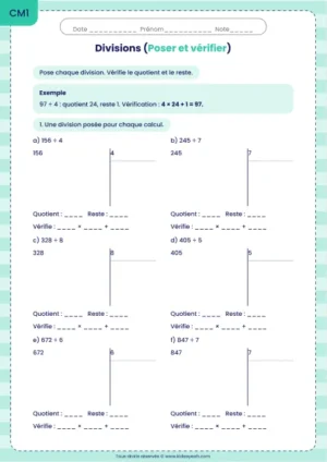 Poser six divisions exactes et vérifier au CM1 : fiche Poser et vérifier