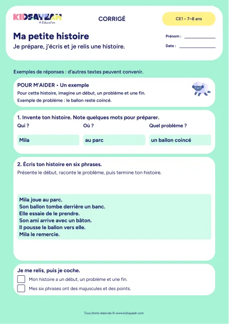 Préparer et écrire une histoire en six phrases au CE1 — exemples corrigés
