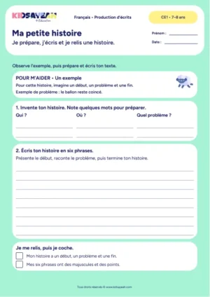 Préparer et écrire une histoire en six phrases au CE1 — fiche de production d’écrits à imprimer
