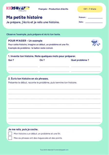 Préparer et écrire une histoire en six phrases au CE1 — fiche de production d’écrits à imprimer