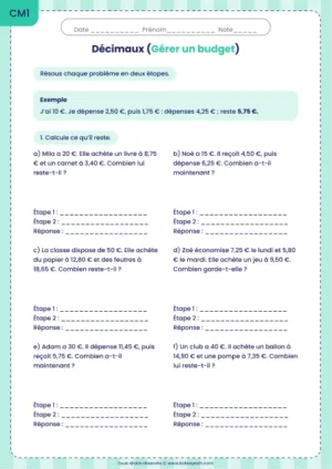 Résoudre un problème de budget en deux étapes au CM1 : fiche Gérer un budget