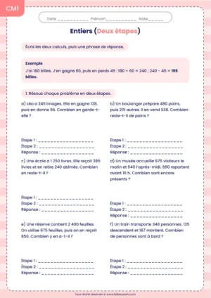 Résoudre des problèmes d’addition et soustraction en deux étapes au CM1 : fiche Deux étapes