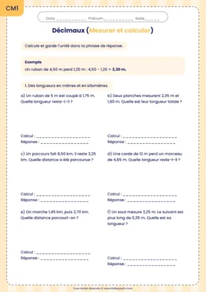 Additionner et soustraire des longueurs décimales au CM1 : fiche Mesurer et calculer