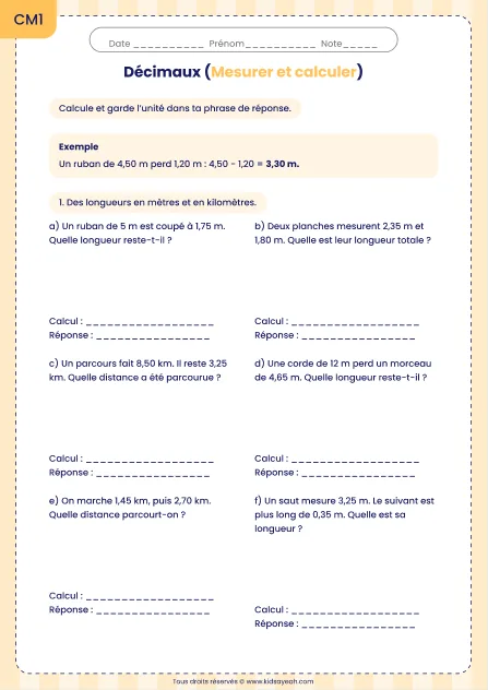 Additionner et soustraire des longueurs décimales au CM1 : fiche Mesurer et calculer