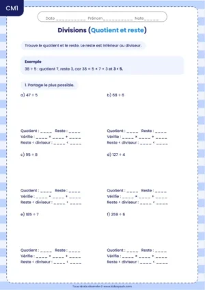 Trouver quotient et reste et contrôler leur relation au CM1 : fiche Quotient et reste