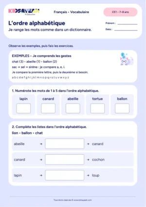 Ranger des mots avec la première et la deuxième lettre au CE1 — fiche à imprimer
