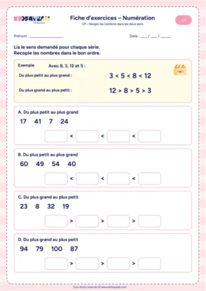Fiche : ordre croissant décroissant CP