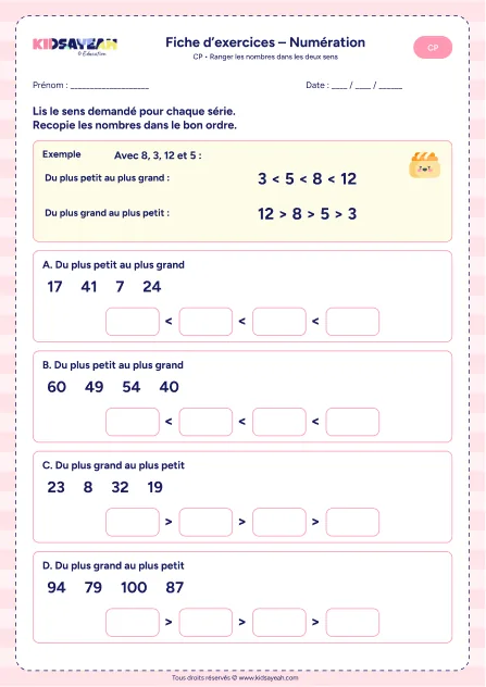 Fiche : ordre croissant décroissant CP