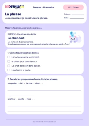 Reconnaître et construire une phrase au CE1 — fiche de grammaire CE1 à imprimer
