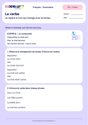 Reconnaître le verbe en changeant le temps au CE1 — fiche de grammaire CE1 à imprimer