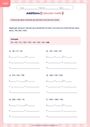 Regrouper trois nombres pour calculer une somme ronde au CM1 : fiche Calculer malin