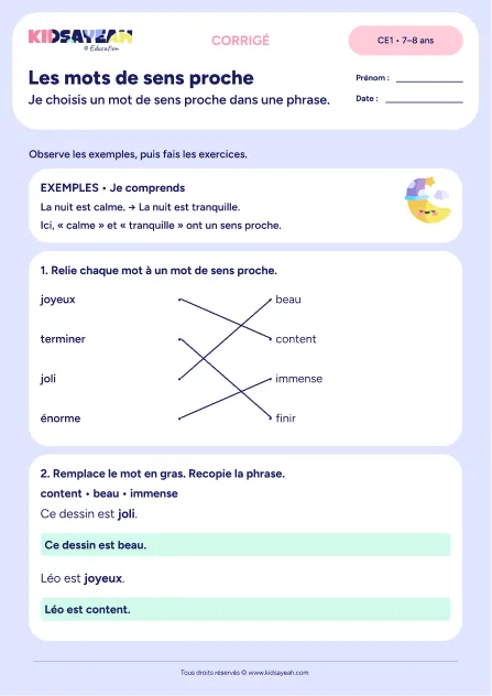 Relier des synonymes et remplacer joli et joyeux dans une phrase au CE1 — corrigé