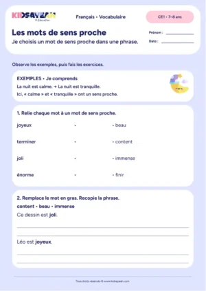 Relier des synonymes et remplacer joli et joyeux dans une phrase au CE1 — fiche à imprimer